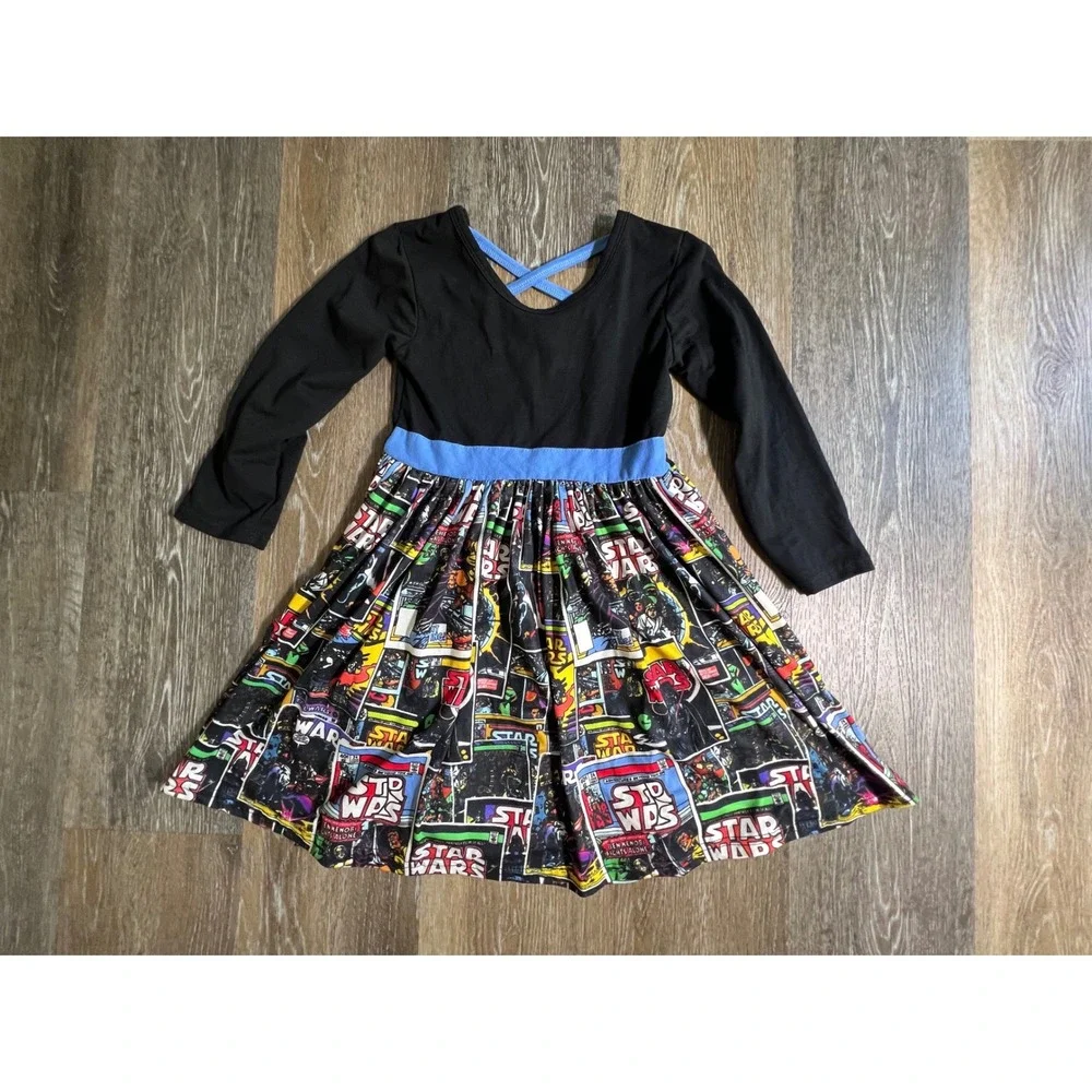 Star Wars Comic Print Dress Kids 10 Black Blue‎ Long Sleeve Cross Back Skirt